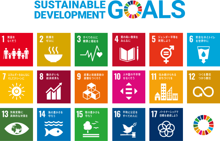 SUSTAINABLE DEVELOPMENT GOALS 1 貧困をなくそう 2 飢餓をゼロに 3 すべての人に健康と福祉を 4 質の高い教育をみんなに 5 ジェンダー平等を実現しよう 6 安全な水とトイレを世界中に 7 エネルギーをみんなにそしてクリーンに 8 働きがいも経済成長も 9 産業と技術革新の基盤をつくろう 10 人や国の不平等をなくそう 11 すみつづけられるまちづくりを 12 つくる責任 つかう責任 13 気候変動に具体的な対策を 14 海の豊かさを守ろう 15 陸の豊かさも守ろう 16 平和と公正をすべての人に 17 パートナーシップで目標を達成しよう